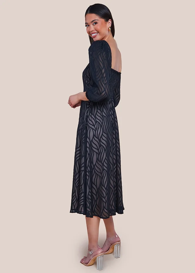 Goddiva Black Puff Sleeve Side Slit Flared Jacquard Chiffon Midi Dress