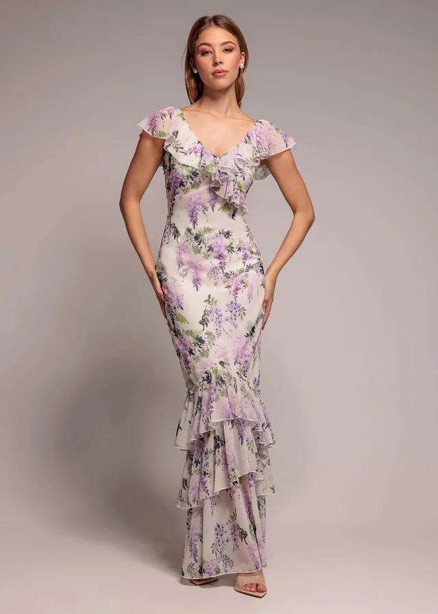 Goddiva Multi Printed Ruffle Neck & Hem Maxi Dress