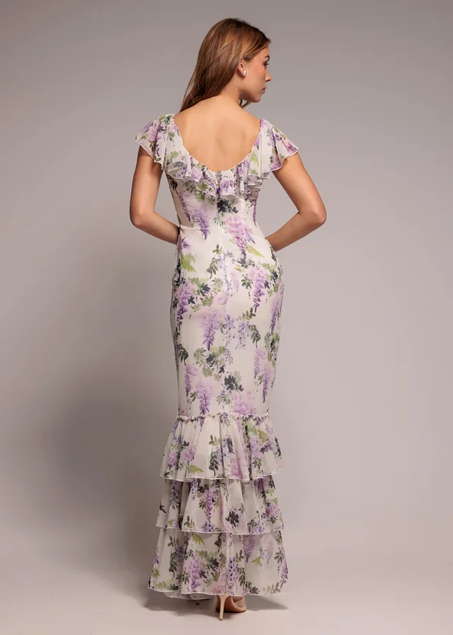 Goddiva Multi Printed Ruffle Neck & Hem Maxi Dress
