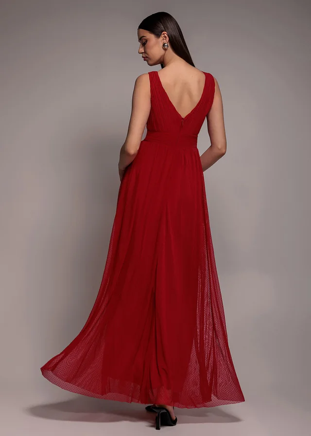 Goddiva Red Sleeveless Pleated Dobby Mesh Corsage Maxi Dress
