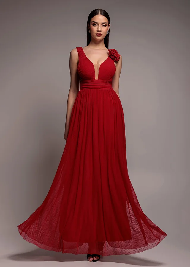 Goddiva Red Sleeveless Pleated Dobby Mesh Corsage Maxi Dress