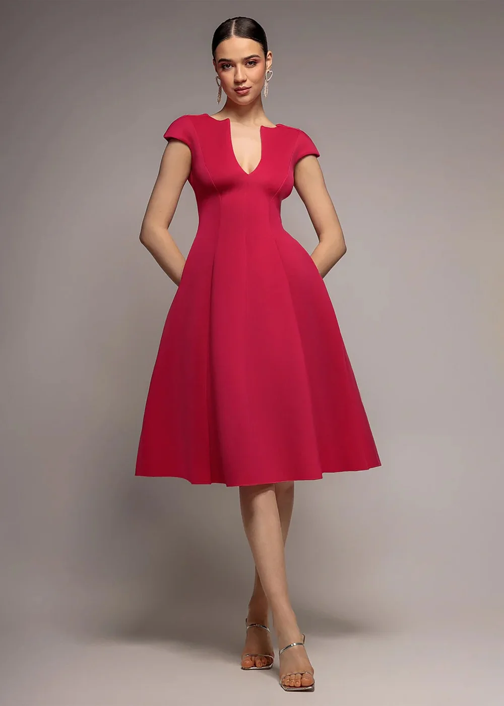 Goddiva Magenta Cap Sleeve Plunging V Neckline A Line Midi Dress - 16 Image 1