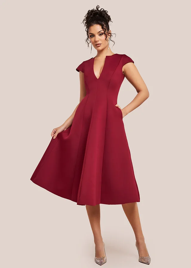 Goddiva Wine Cap Sleeve Plunging V Neckline A Line Midi Dress