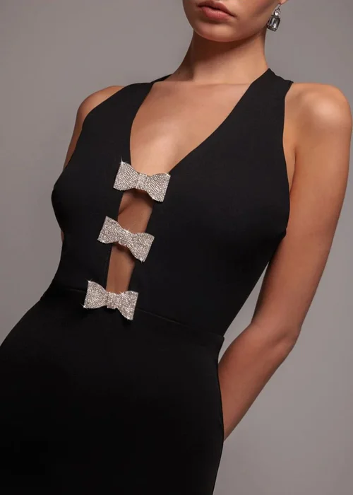 Goddiva Black Embellished Diamante Bow Mermaid Halter Neck Maxi Dress - 14 Image 3
