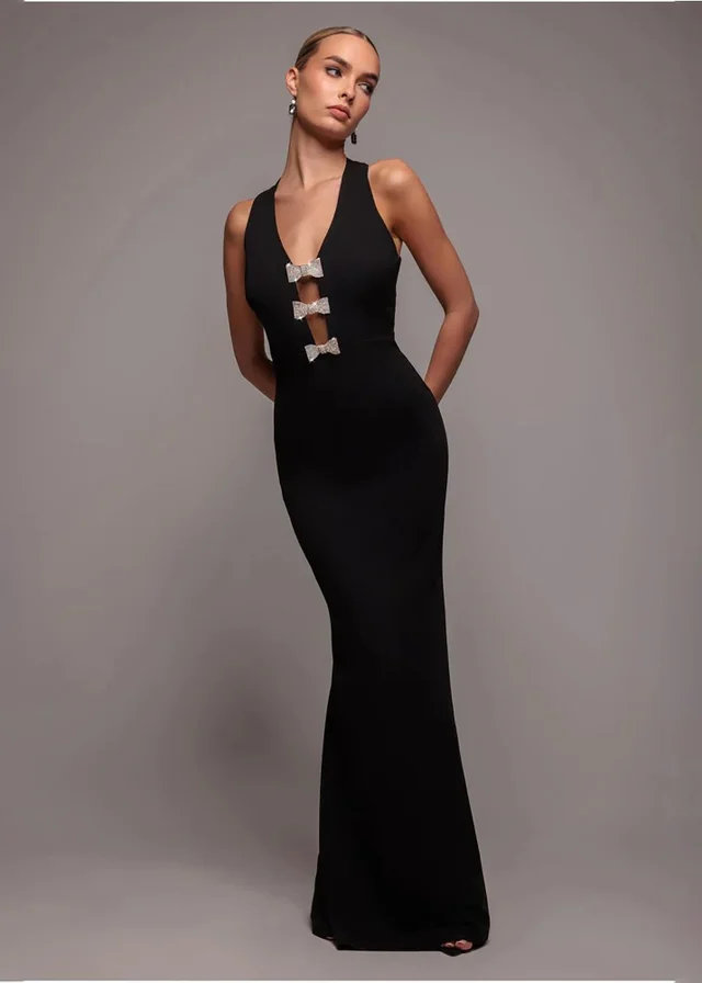 Goddiva Black Embellished Diamante Bow Mermaid Halter Neck Maxi Dress