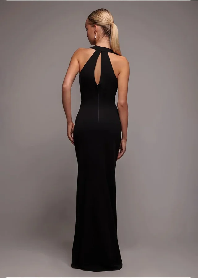 Goddiva Black Embellished Diamante Bow Mermaid Halter Neck Maxi Dress