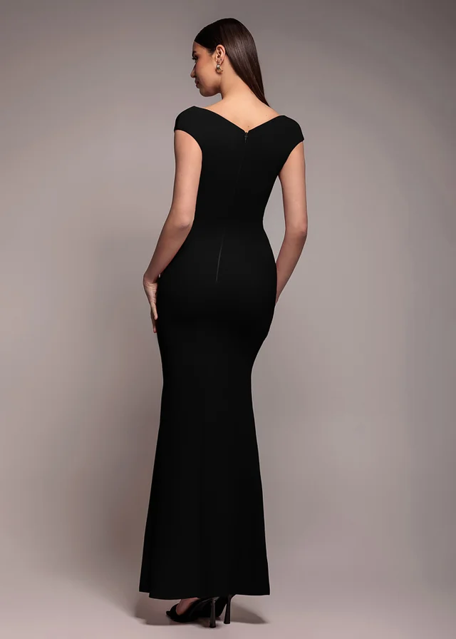 Goddiva Black Bardot Pleated Maxi Dress