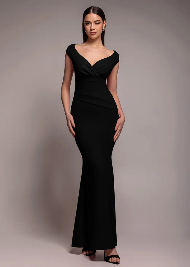 Goddiva Black Bardot Pleated Maxi Dress