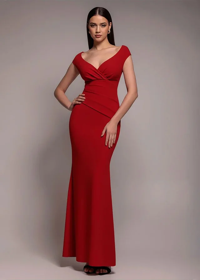 Goddiva Red Bardot Pleated Maxi Dress
