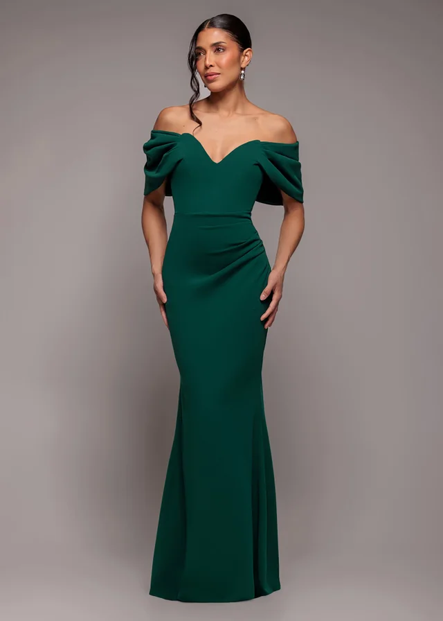Goddiva Emerald Green Off The Shoulder Draped Sleeve Maxi Dress