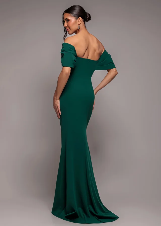 Goddiva Emerald Green Off The Shoulder Draped Sleeve Maxi Dress