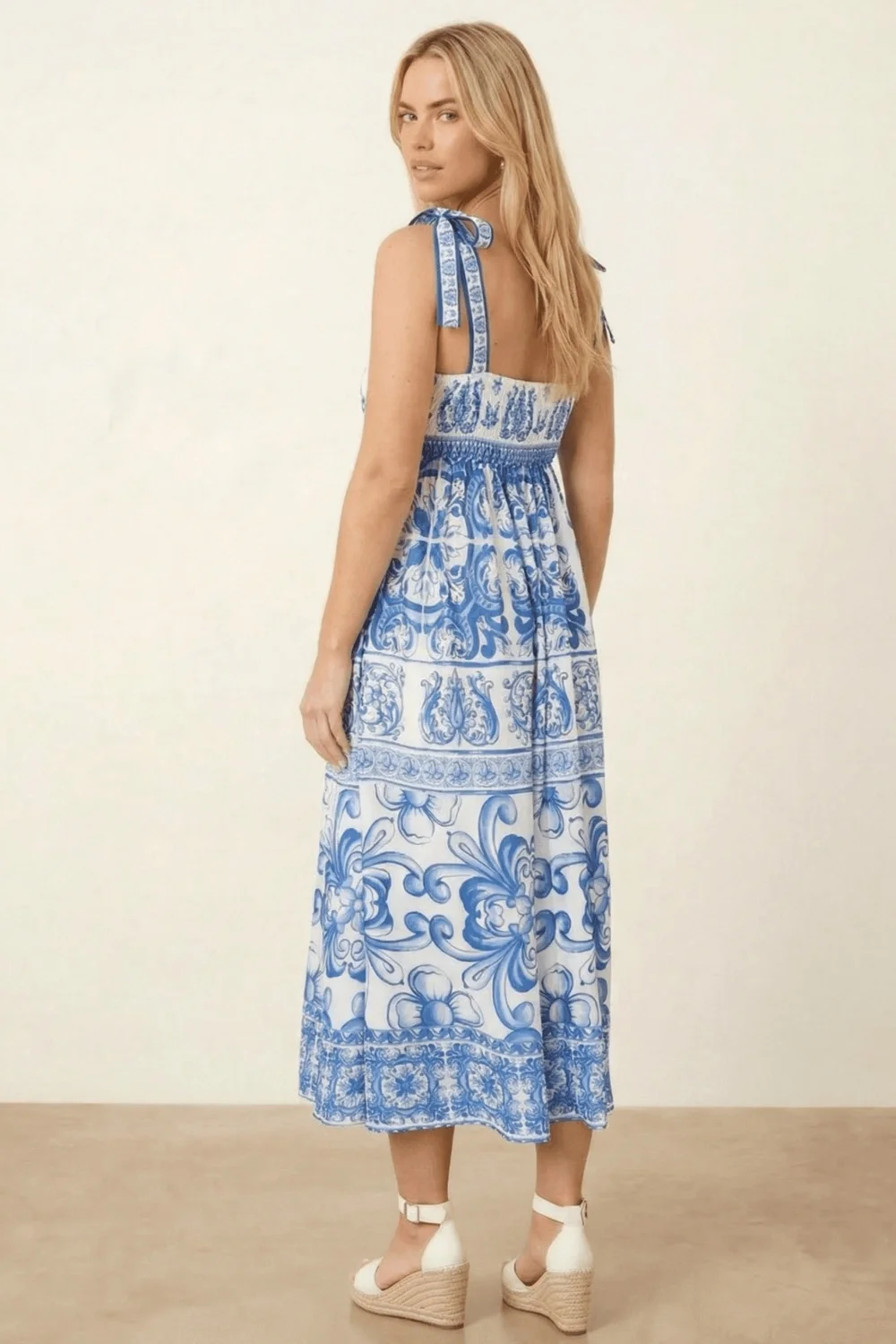 Style Cheat Strappy Blue Tile Print Midi Dress - 14 Image 2