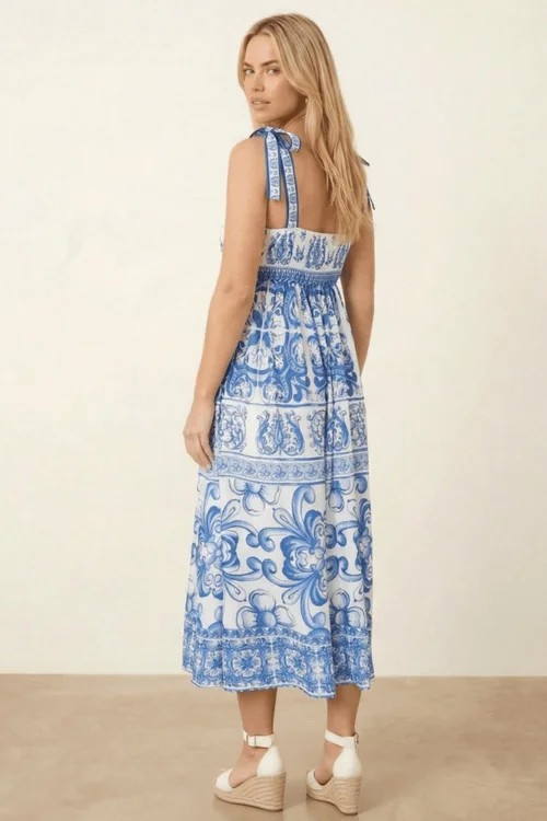 Style Cheat Strappy Blue Tile Print Midi Dress - 14 Image 2