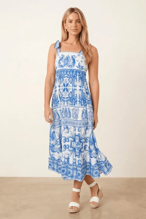 Style Cheat Strappy Blue Tile Print Midi Dress - 14 Image 4
