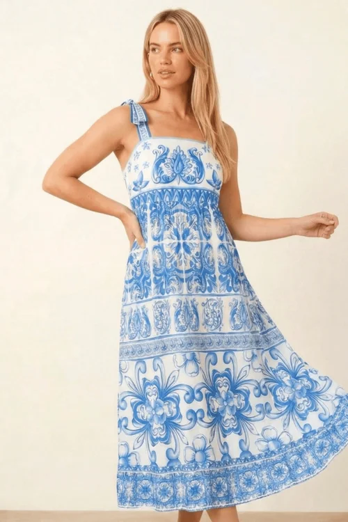 Style Cheat Strappy Blue Tile Print Midi Dress - 14 Image 1
