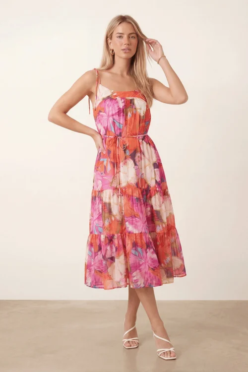Style Cheat Strappy Pink Belted Midi Dress - 10 Image 1