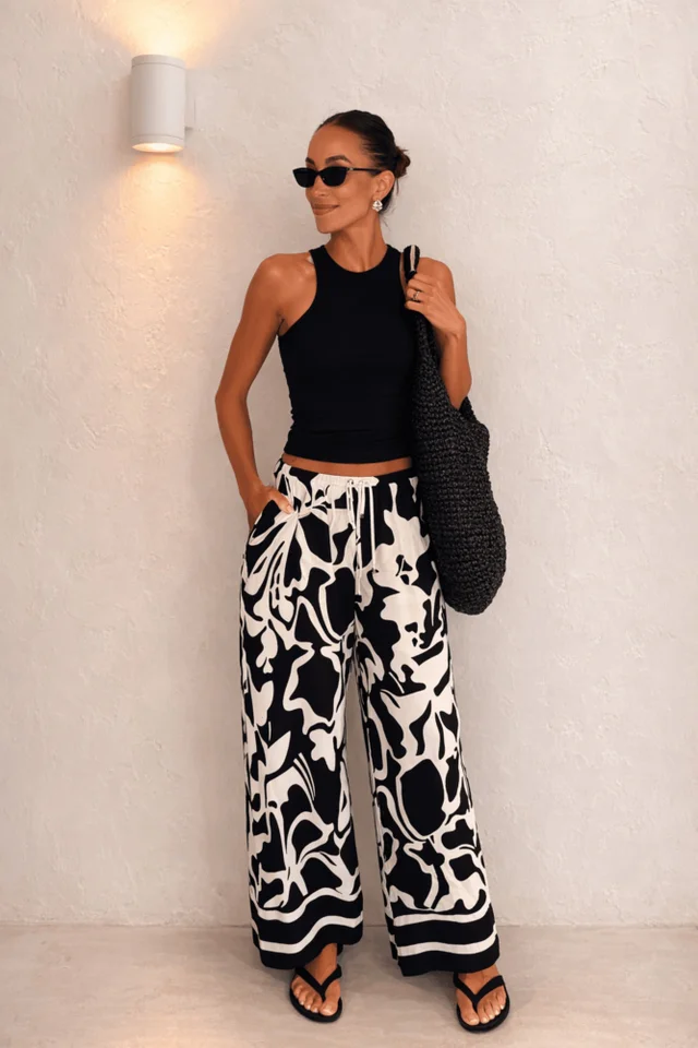 Style Cheat Black Mono Print Wide Trousers