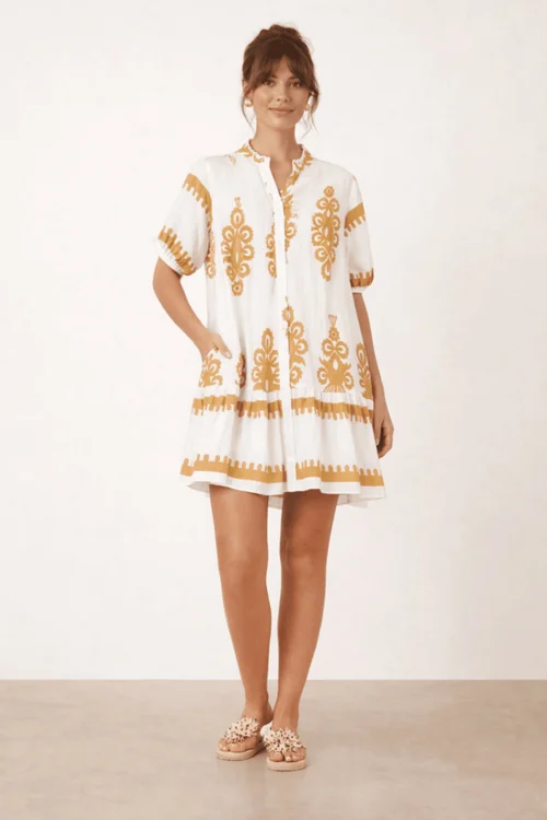 Style Cheat Beige & White Placement Print Mini Smock Dress - 12 Image 5
