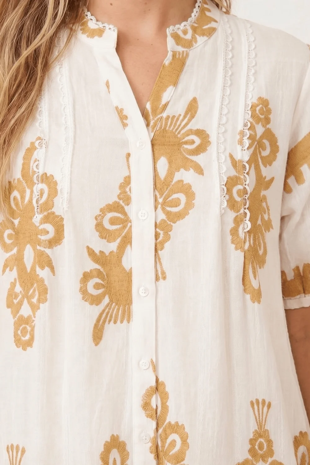 Style Cheat Beige & White Placement Print Mini Smock Dress - 12 Image 3