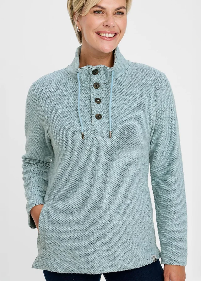 Cotton Traders Iced Aqua Coastal Button Neck Top