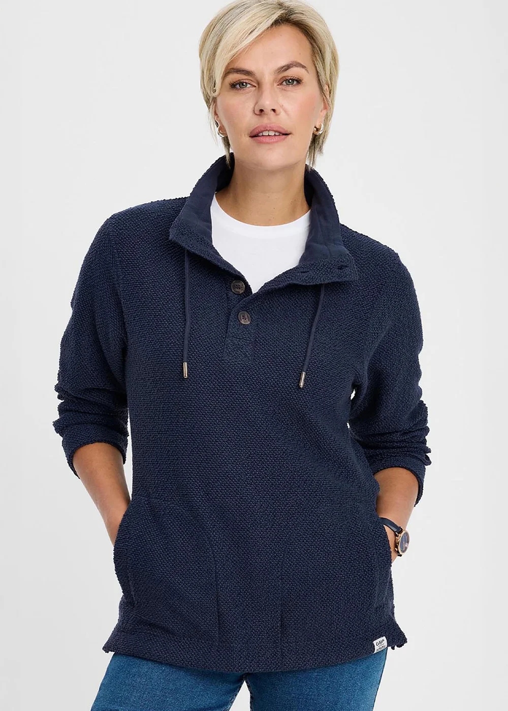 Cotton Traders Dark Sky Coastal Button Neck Top - L Image 3