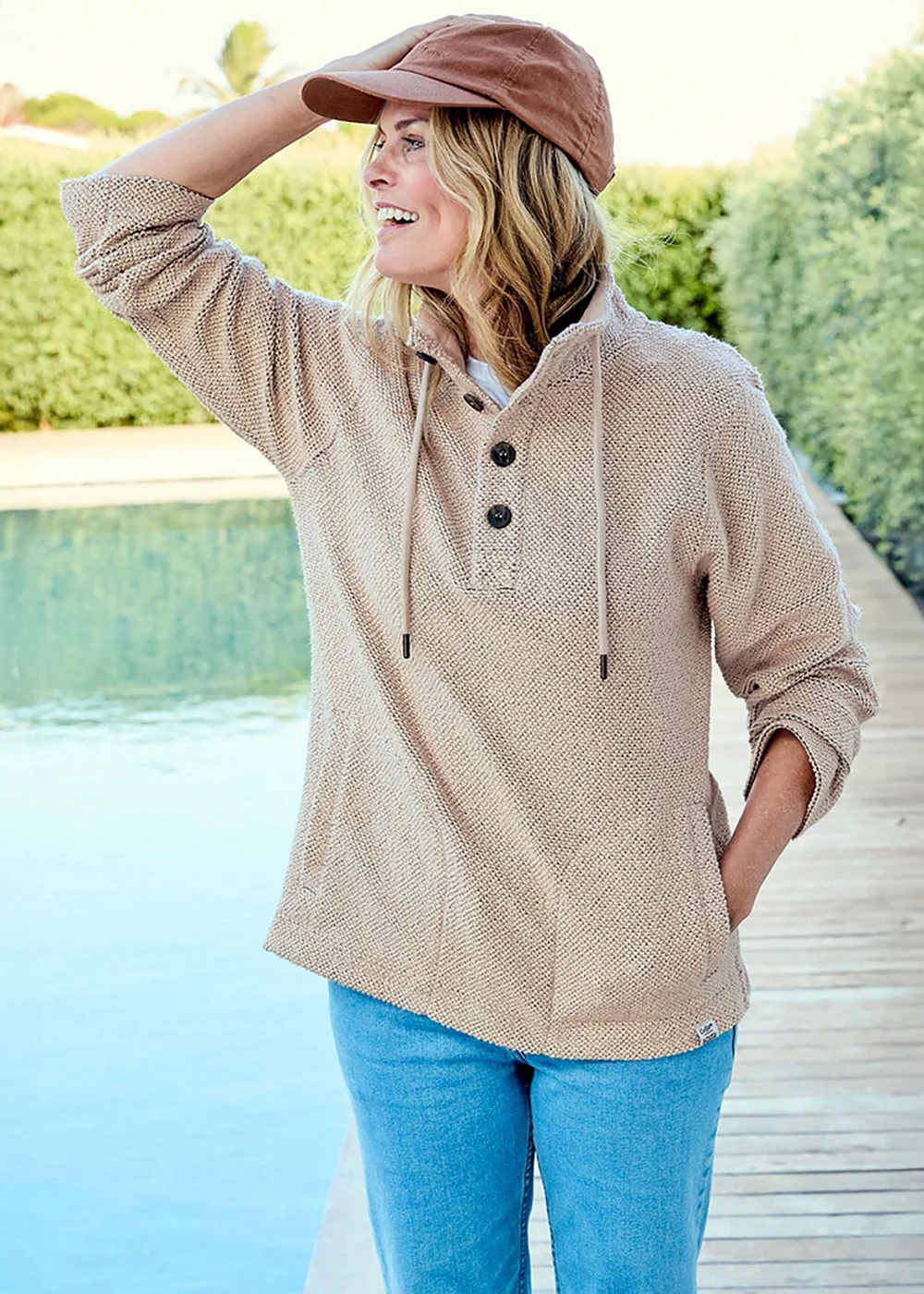 Cotton Traders Light Pebble Coastal Button Neck Top - M Image 1