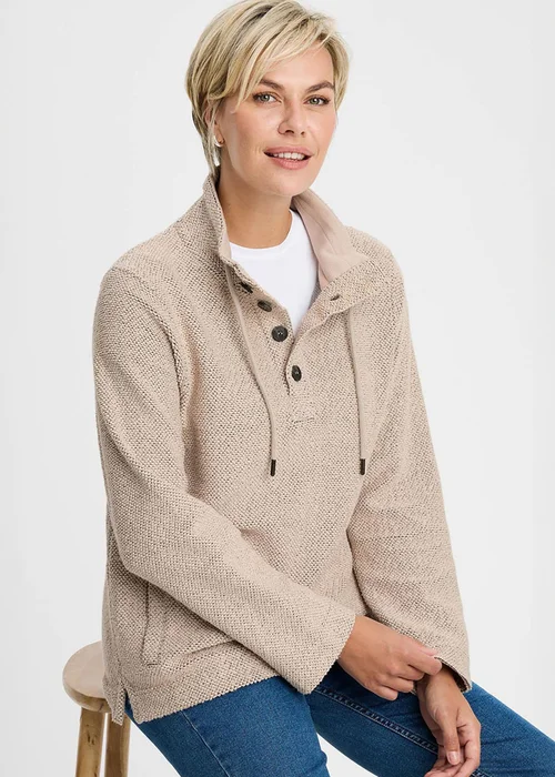 Cotton Traders Light Pebble Coastal Button Neck Top - M Image 2