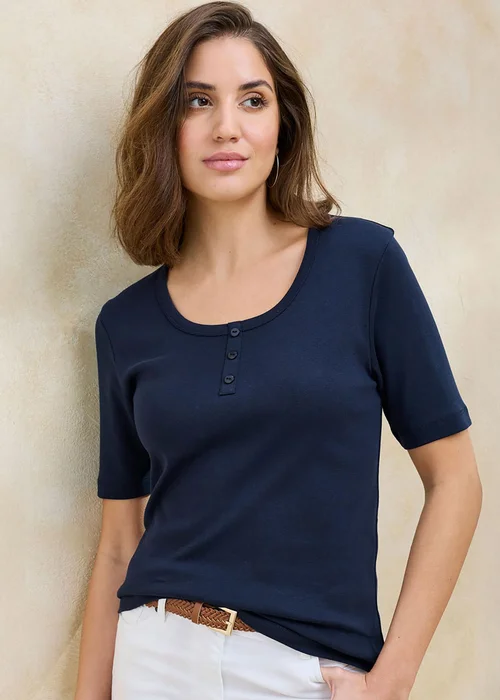 Cotton Traders Navy Wrinkle Free Button Neck Top - 10 Image 1