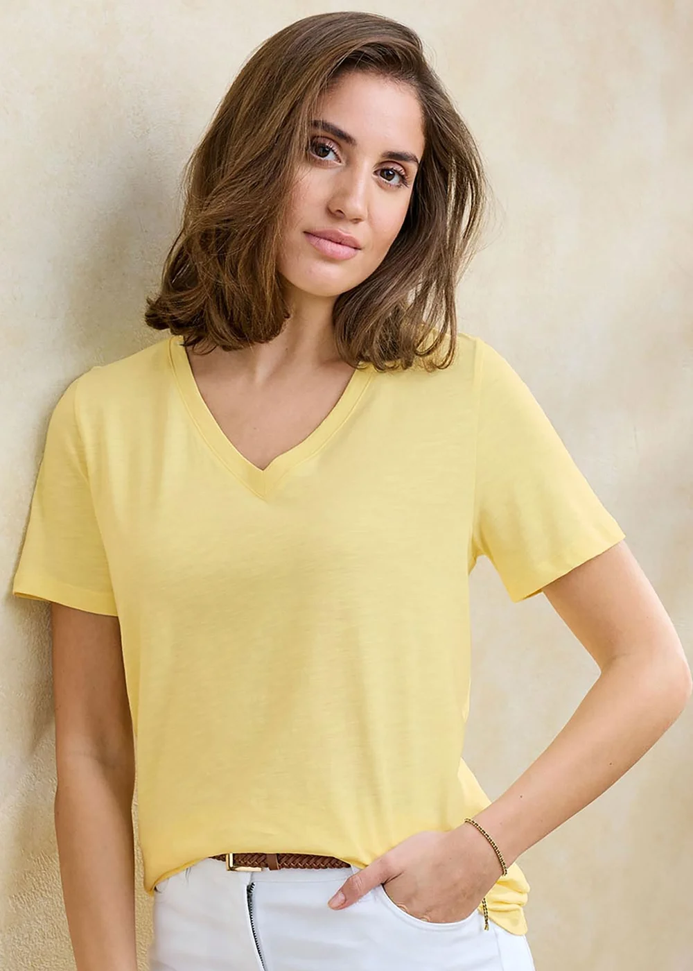 Cotton Traders Pale Yellow Essential Short Sleeve V-Neck T-Shirt - 24 Image 1