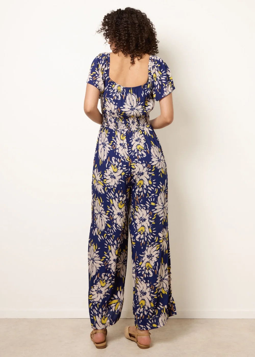 Blue Vanilla Yellow Shirred Waist Wide Leg Jumpsuit - L/XL Image 4