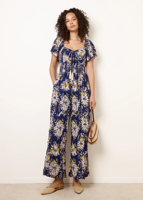 Blue Vanilla Yellow Shirred Waist Wide Leg Jumpsuit - L/XL Image 1