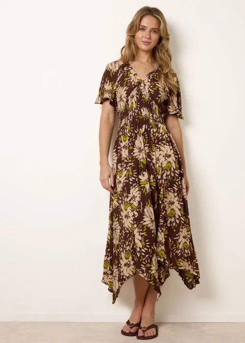 Blue Vanilla Brown Shirred Waist Hanky Hem Dress - M/L Image 1