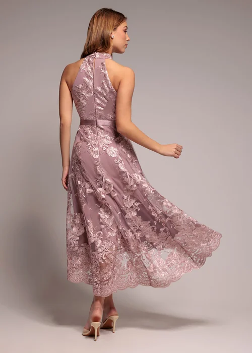 Goddiva Pink Halter Neck Lace High & Low Midi Dress - 16 Image 2