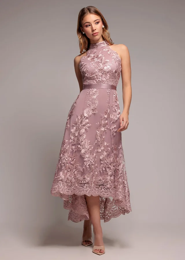 Goddiva Pink Halter Neck Lace High & Low Midi Dress