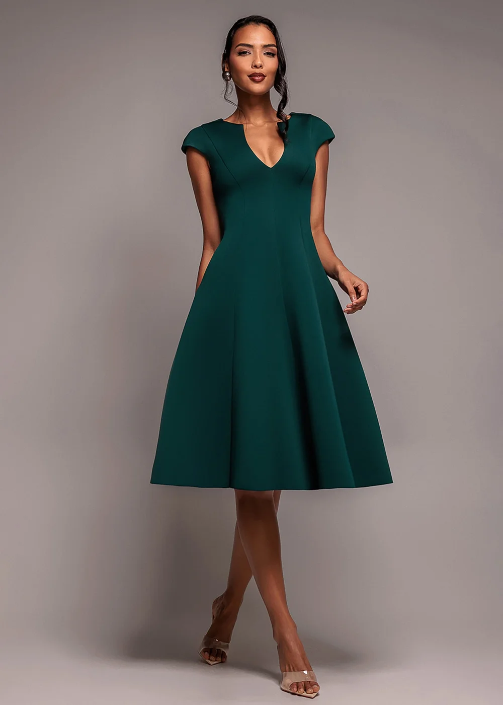 Goddiva Emerald Green Cap Sleeve Plunging V Neckline A Line Midi Dress - 12 Image 1