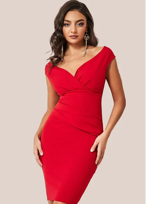 Goddiva Red Bardot Pleated Midi Dress - 18 Image 3