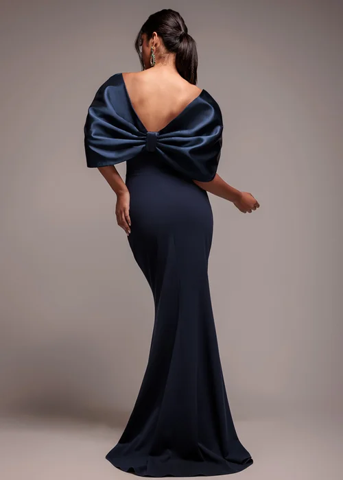 Goddiva Navy Blue Off Shoulder Back Satin Bow Scuba Maxi Dress - 10 Image 2
