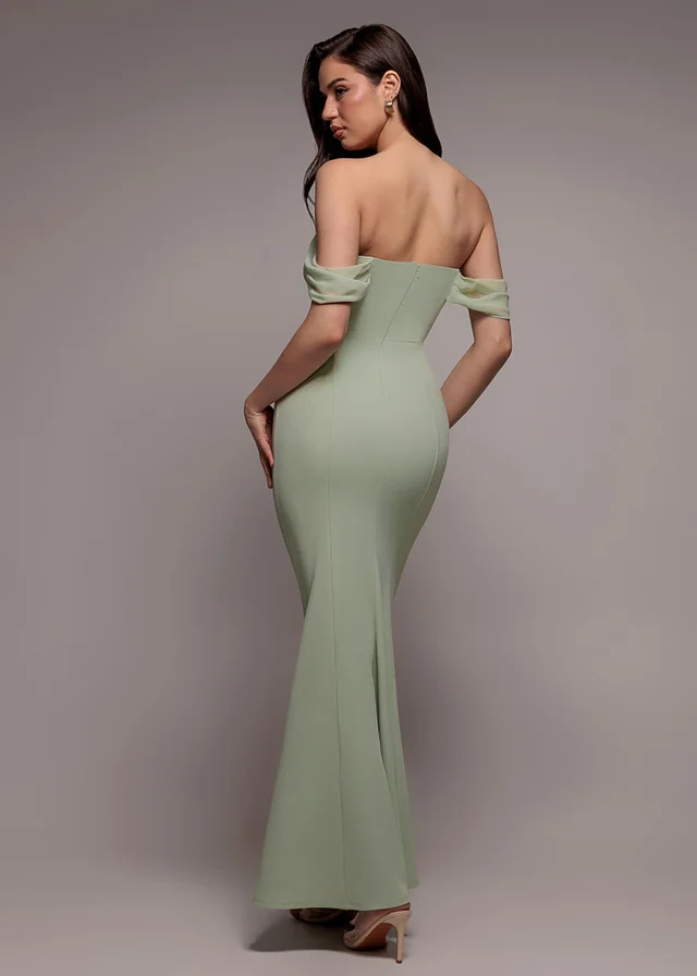 Goddiva Sage Green Bardot Scuba & Chiffon Cowl Maxi Dress