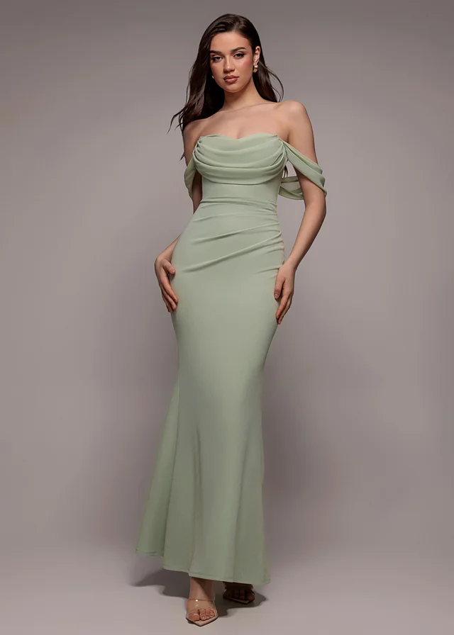 Goddiva Sage Green Bardot Scuba & Chiffon Cowl Maxi Dress