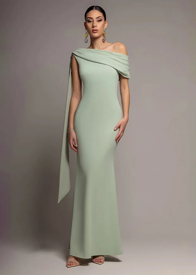 Goddiva Sage Green Sash One Shoulder Bardot Maxi Dress
