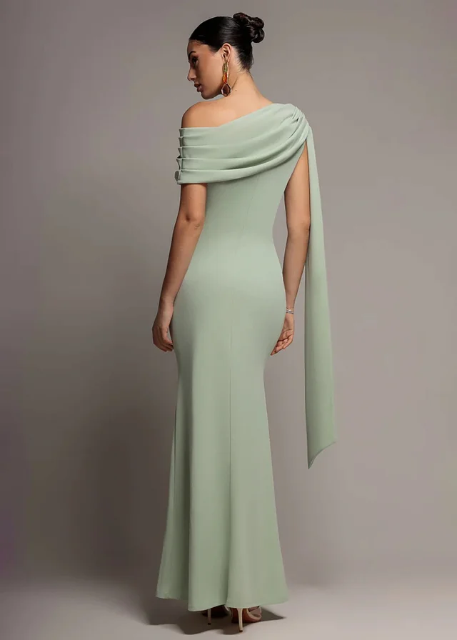 Goddiva Sage Green Sash One Shoulder Bardot Maxi Dress