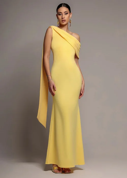Goddiva Butter Yellow Sash One Shoulder Bardot Maxi Dress - 18 Image 1