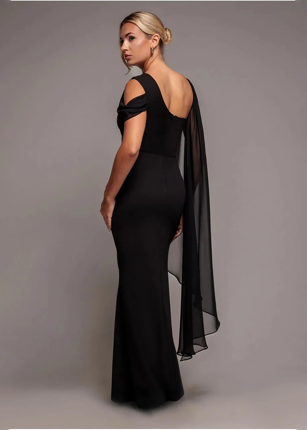 Goddiva Black One Shoulder Chiffon Cape Crepe Maxi Dress - 10 Image 2