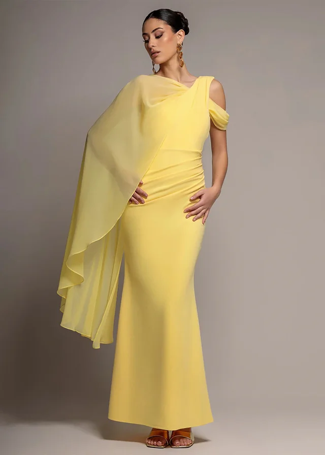 Goddiva Butter Yellow One Shoulder Chiffon Cape Crepe Maxi Dress
