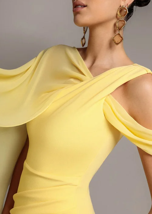 Goddiva Butter Yellow One Shoulder Chiffon Cape Crepe Maxi Dress - 16 Image 3