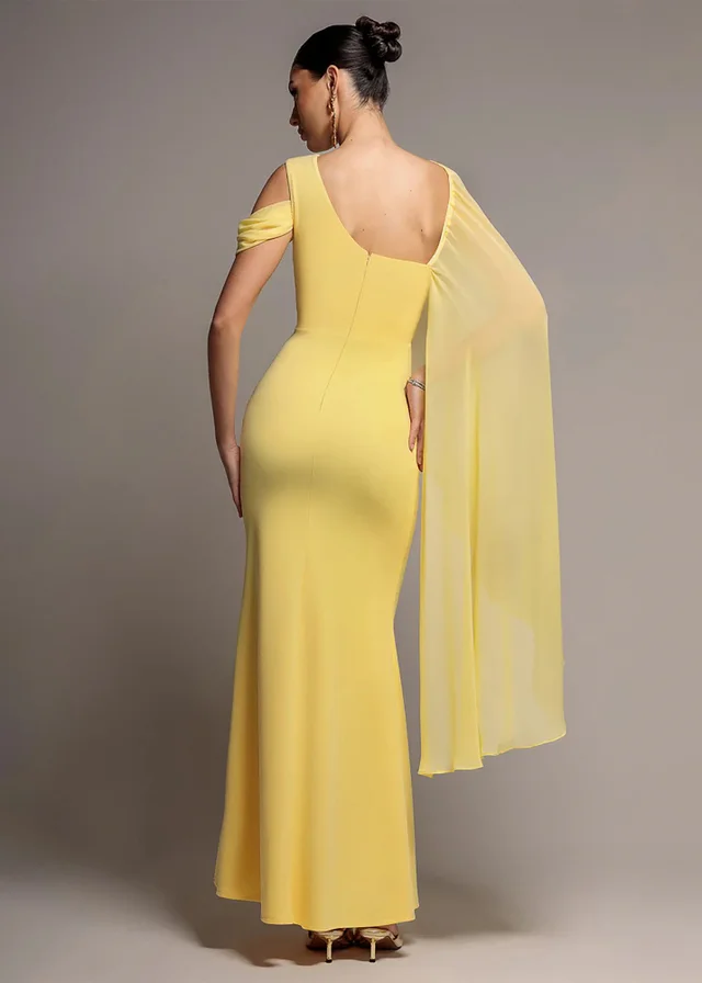 Goddiva Butter Yellow One Shoulder Chiffon Cape Crepe Maxi Dress