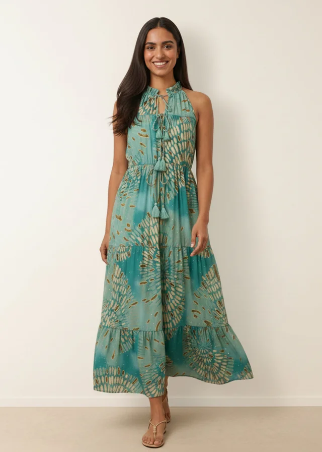 Blue Vanilla Aqua Diamante Tiered Tie Front Dress