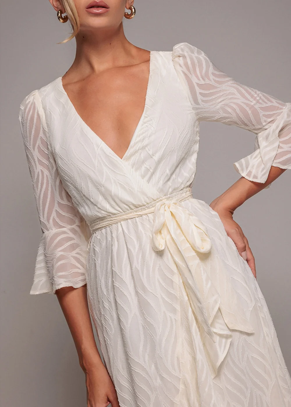 Goddiva Cream Chiffon Geo Wave Front Frill Wrap Midi Dress - 8 Image 3
