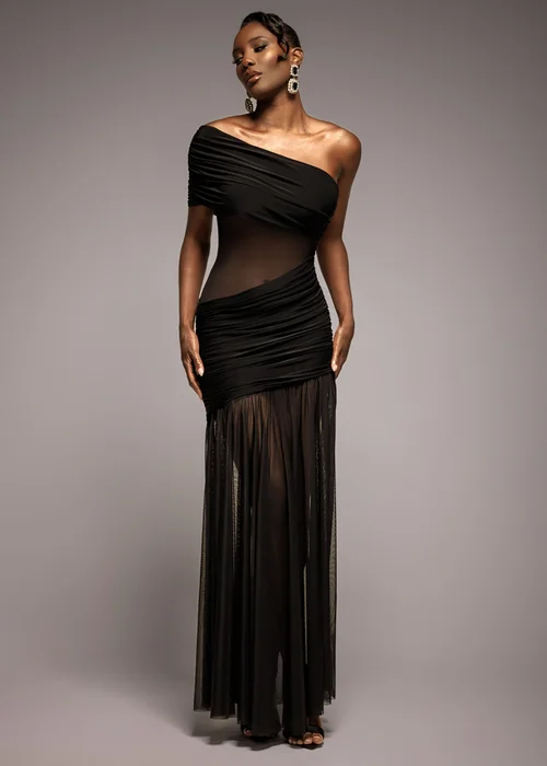 Goddiva Black Gathered One Shoulder Sheer Panel Maxi Dress - 12 Image 1
