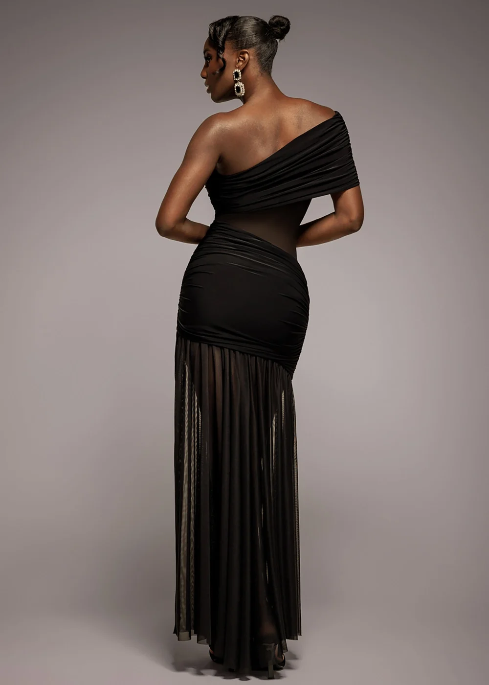 Goddiva Black Gathered One Shoulder Sheer Panel Maxi Dress - 12 Image 2